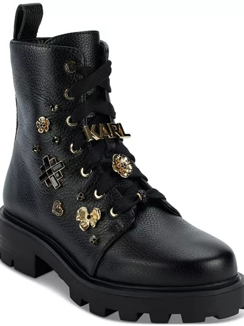 Karl Lagerfeld Black Leather Lace-Up Combat Boot with Gold Hardware